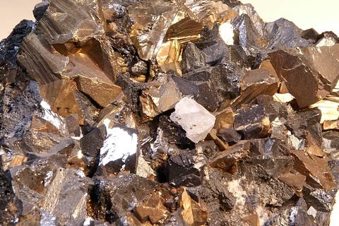Chalcopyrite, a copper ore, with bright metallic crystals
